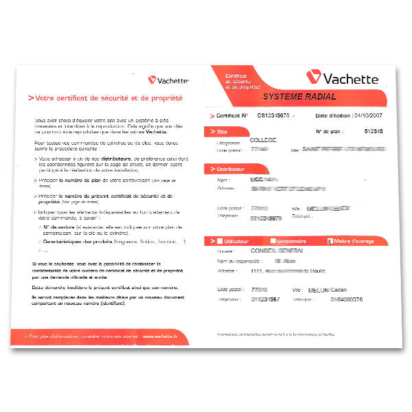 Certificat de sécurité VACHETTE ASSA ABLOY